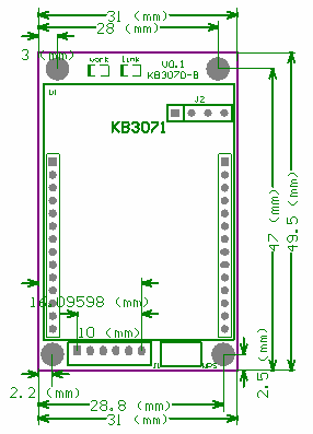 KB3070-B串口转WiFi模块尺寸图